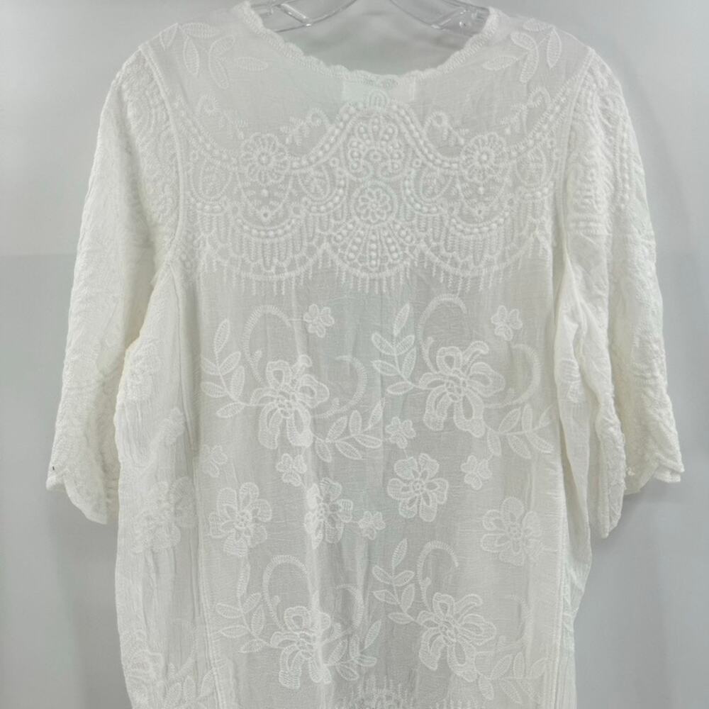Kindred Boho Embroidered Kimono Coverup Sz L White Open Front Flutter Scallop - Picture 6 of 7